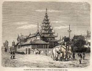 Palác krále Avy v Amarapoura (dnešní Barma), kresba Navletem ilustrující cestu do království Ava v roce 1855 kapitána Henriho Yulea z těla bengálského džina. Rytina v „“ Le tour du monde, nouveau journal des voya