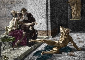 Znázornění římského traviče Locusta pokoušejícího po boku císaře Nera (37-68) jed určený pro jeho bratra Britannika (41-55) na jednom z jeho otroků, 55 Rytina podle obrazu Josepha-Noela Sylvestra (1847-1926 ) 1876 (římský travič Locus od Joseph Noel (after) Sylvestre