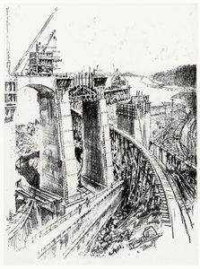Approaches to Gatun Lock, deska VI z Panamského průplavu od Josepha Pennella, 1912 (uhlí na papíře) od Joseph Pennell
