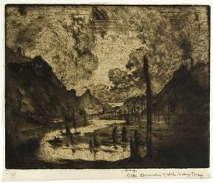 Uhlí-absolvování prací, řeka Mahanoy River od Joseph Pennell