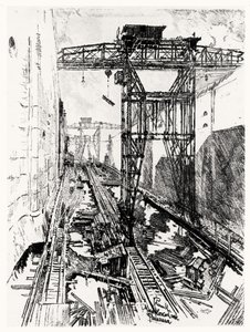 Jeřáby u zdymadla Miraflores, deska XXII z Panamského průplavu od Josepha Pennella, 1912 (uhlí na papíře) od Joseph Pennell