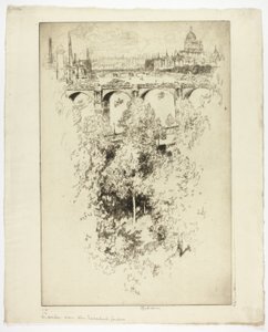 Přes most Waterloo, kostel a práci od Joseph Pennell