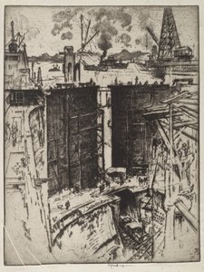 Strážná brána, Gatun Lock, Panama, 1912 (lept na papíře) od Joseph Pennell