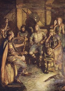 Gleeman zpívá činy Beowulfa (barva litho)