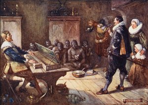 Van Riebeck baví Hottentoty (barevná litografie)