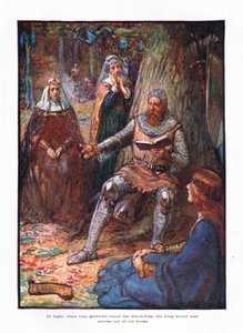 V noci, když se shromáždili u strážních ohňů, král četl příběhy ze starých knih., 1910 od Joseph Ratcliffe Skelton