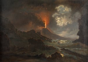 Noční erupce Vesuvu s výhledem na Scuola di Virgilio