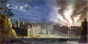 Náměstí v italském přístavu s budovou hořící v noci od Joseph Ruiz