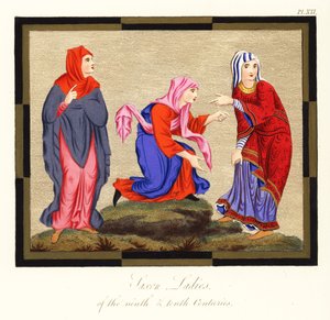 Anglosaské ženské kostýmy, 9. a 10. století, 1854 (rytina)