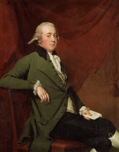 Portrét Edwarda Abneyho, sedícího tříčtvrtečního, v zeleném kabátě, držícího dopis proti červené oponě, konec 80. let 18. století od Joseph Wright of Derby