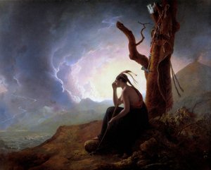 Vdova po indickém náčelníkovi, který bdí nad zbraněmi svého manžela Obraz Josepha Wrighta z Derby (1734-1797) 1785 Derby, Derby museum od Joseph Wright of Derby
