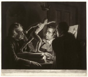 Three Persons Viewing the Gladiator by Candlelight, rytý William Pether, 1769 od Joseph Wright of Derby