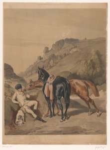Dva koně s odpočívajícím jezdcem v krajině Koně po Alfredu de Dreux (název série) Motifs équestres d