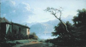 Lake Scene ve Francii (olej na plátně)