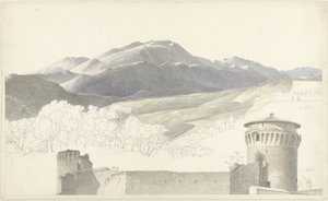 Krajina v Subiaco a budova v Římě od Josephus Augustus Knip
