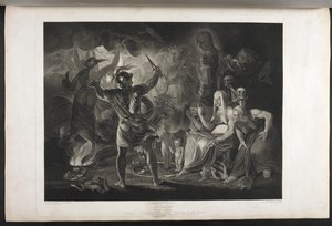 Macbeth.
Dějství IV. Scéna I.
Temná jeskyně. Uprostřed vroucí kotel. Tři čarodějnice. Macbeth. Hekaté.
Macbeth stojí tváří v tvář čarodějnicím a zjevením; u jeho nohou, uvnitř stočeného hada, stojí malé zakrvácené dítě a dítě s korunou a drží se