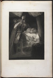 Druhá část Jindřicha VI., třetí dějství, třetí scéna - král Jindřich, Salisbury a Warwick; kardinál v posteli od Joshua (after) Reynolds