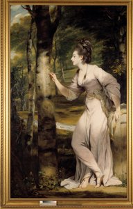Žena velké elegance dává jméno na kmen stromu v romantické atmosféře. Obraz Joshuy Reynoldse (1723-1792). 18. století. Collection privee - Celovečerní portrét paní Lloyd: Elegantní žena vyřezává jméno na kmen stromu v romantické atmosféře od Joshua Reynolds