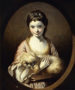 Portrét slečny Emilie Vansittartové, poloviční délka, na sobě růžovobílé šaty se psem, cca 1767-68 od Joshua Reynolds
