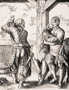 Řezník a jeho asistent, reprodukce rytiny ze 16. století od Josta Ammana (1539-91) z „Le Moyen Age et La Renaissance“ od Paula Lacroixe (1806-84) publikovaná 1847 (litho) od Jost (after) Amman
