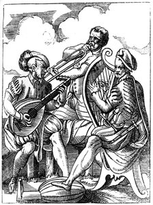 Kytarista, loutnista a hráč na pozoun, 16. století 1849. od Jost Amman