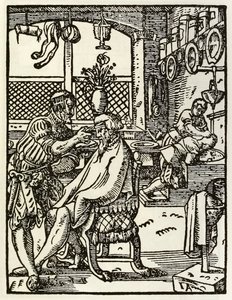 The Barbers ze série zobrazující povolání a řemesla poprvé publikovaná v Das Ständebuch 1568 ve Frankfurtu v Německu od Jost Amman