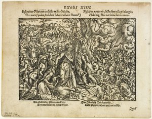 Průchod Rudým mořem (recto) a Pohřeb Jakuba (verso) z Neuwe Biblische Figuren, deska 48 z dřevořezů z knih XVI. století od Jost Amman