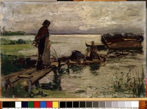 ""Na břehu"" (Na břehu moře) nizozemské rolnice na břehu vody. Obraz Josefa Israelse (1824-1911) Mikalojus Konstantinas Ciurlionis Fine Arts Museum, Kaunas, Litva