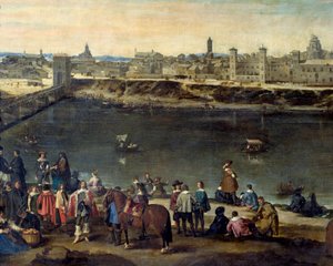 Pohled na město Zaragoza (Zaragoza) v roce 1646 Detail představující pány a obchodníky podél řeky. Obraz Juan Bautista del Mazo (1612-1667) 1646 Madrid, Prado Museum