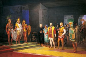 Setkání Hernana Corteze s Montezumou v Mexiku od Juan Ortega