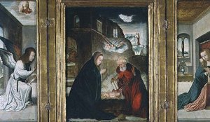 Triptych Narození Krista s Narozením lemovaný Zvěstováním (panel) (viz také 82427) od Juan de (school of) Flandes