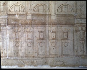 Detail vnějšího průčelí katedrály ve Valladolidu na náměstí Santa María (kresba) od Juan de Herrera