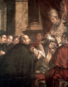 Svatý Ignác přebírá papežskou bulu o založení družiny Ježíšovy (jezuity) od papeže Pavla III.