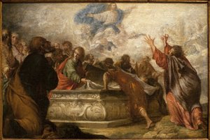 Nanebevzetí Panny Marie. Obraz od Juana de Valdes Leal (1622-1690), olej na plátně, kolem roku 1680. Muzeum výtvarných umění v Seville, Španělsko.