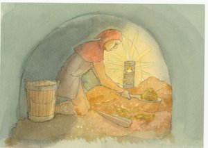 Středověký gongfermour, nebo farmář gong, při práci, 2004.
