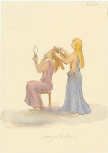 Středověká dáma v čekání, kartáčující vlasy dámy, 2004. od Judith Dobie