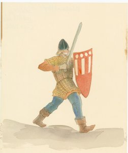 Středověký voják s dlouhým mečem v pravé ruce a štítem v levé, 2004.