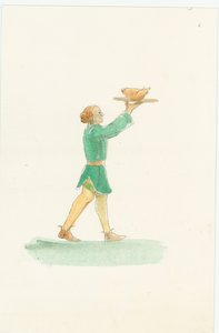 Středověký číšník, nesoucí talíř s jídlem, 2004.