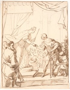 Anglická královna Alžběta předává v roce 1568 vévodovi Adolfu z Gottorpu Řád podvazku od Jürgen Ovens