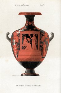 Řecká váza zdobí ženu a toaletu držící krabičku kosmetiky a parfémů za asistence otroka, který mává vějířem od Jules (after) Cheret