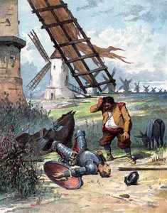 Don Quijote bojoval s větrnými mlýny a padl ze svého koně, Sancho Panza se díval na svého pána, ilustrace knihy Miguela de Cervantese "Histoire de Don Quichotte", rytina podle Julese Davida