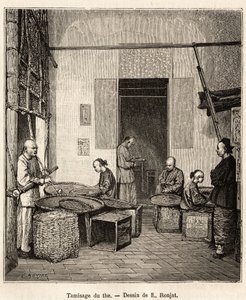 Třídění střelného prachu, třídění granulí proséváním podle jejich velikosti a kvality před posledním sušením, které jim dává jejich vůni, v továrně na střelný prach ve Fati Bay (provincie Kanton), rytina podle kresby J. Ferata illustratin od Jules (after) Ferat