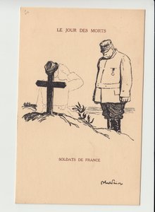 Pohlednice, Satirique en N & B, ca. 1915: Den mrtvých - válka 14-18, Mourning Obseques Funerailles - Joffre, Vojáci Ilustrace Abel Faivre (1867-1945) od Jules Abel Faivre