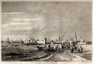Pohled na Essaouira (dříve Mogador), kresba Julese Noela (1810-1881), pro ilustraci Mr.F. Schicklerova cesta do Maroka v roce 1860. Rytina v „“ Le tour du monde, nouveau journal des voyages““ Paříž