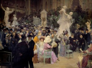 Belle epoque: „“ Pátek na Salon des artistes français““ Členové pařížské buržoazie se setkávají u příležitosti společenských akcí. Detail. Obraz Jules Alexandre Grun (1868-1934) 1911 Sun. 3,6x6,16 m Rouen, Musee des Beaux Arts