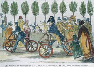 Závod velocipedů v Jardin du Luxembourg v roce 1818 po dobové rytině, vyryté P. Comtem (19. století) (barevná rytina) od Jules Antoine Duvaux