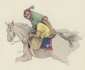 Opice jedoucí na koni (barva litho)