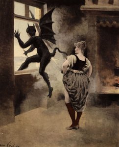 Stará žena z Papefiguiere vyděsí ďábla, který vyběhne z okna. Pantagruel. ilustrace Jules Garnier. V knize "Rabelais et l