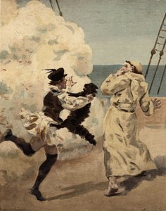 Bratr Jean, vyděšený kočkou Rodilardus, kterou má Panurge. Pantagruel. ilustrace Jules Garnier. In "Rabelais et l