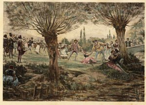 Tanečníci a hudebníci během masopustní zábavy. Gargantua. ilustrace Jules Garnier. In "Rabelais et l